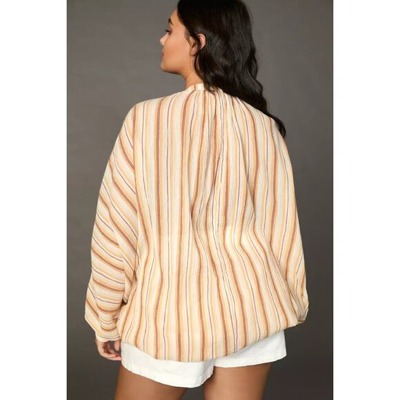 Anthropologie Tie-Front Top Womens Small Yellow Striped Oversized Balloon Sleeve - Picture 6 of 10